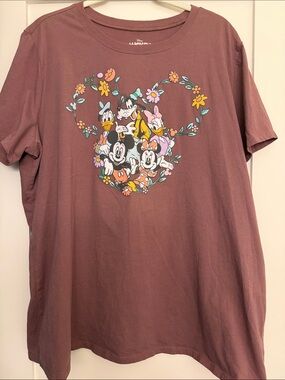 Disney Mauve Short Sleeve Tee with Mickey & Friends Floral Heart Graphic